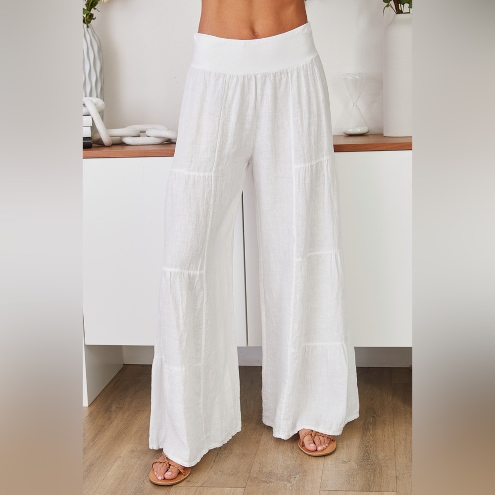 (2-36/255005-SOL-WHT) LINEN TIERED PALAZZO PANT - Picture 5 of 5